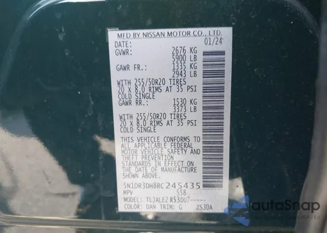 2024 Nissan Pathfinder Platinum Fwd from USA, damaged, VIN 5N1DR3DH8RC245435